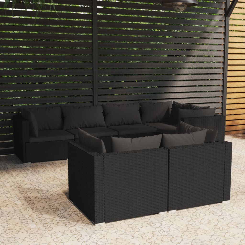 Vetonek Set de muebles de jardín y cojines 7 pzas ratán sintético negro