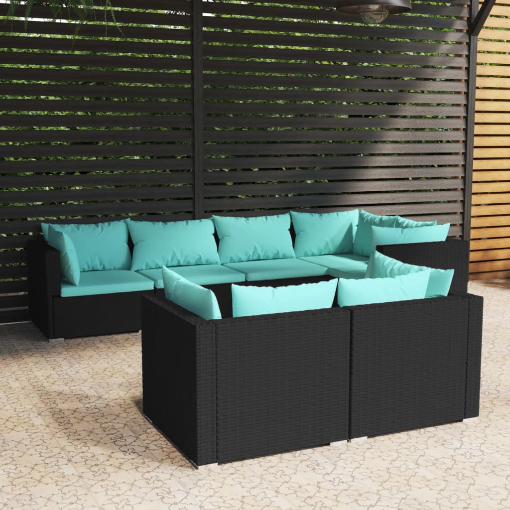 Vetonek Set de muebles de jardín y cojines 7 pzas ratán sintético negro