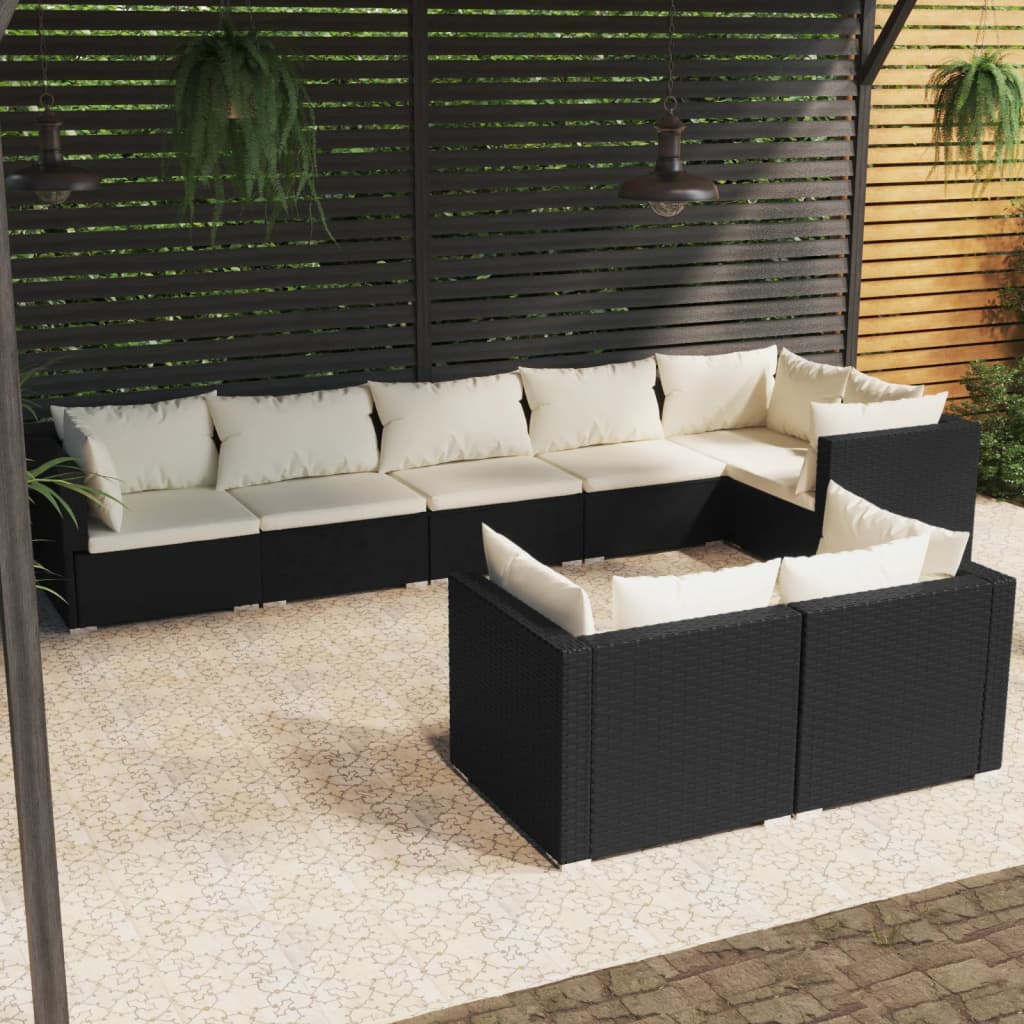 Vetonek Set de muebles de jardín 8 pzas y cojines ratán sintético negro