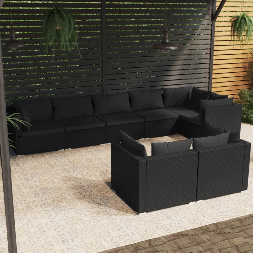 Vetonek Set de muebles de jardín 8 pzas y cojines ratán sintético negro