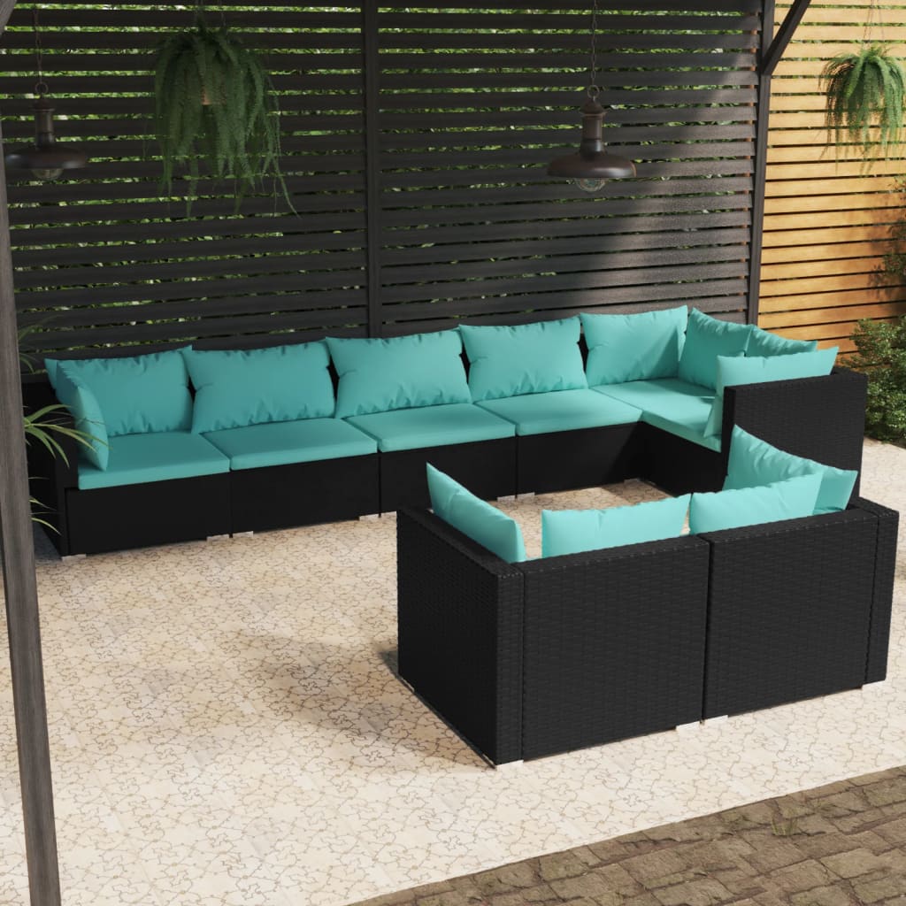 Vetonek Set de muebles de jardín 8 pzas y cojines ratán sintético negro