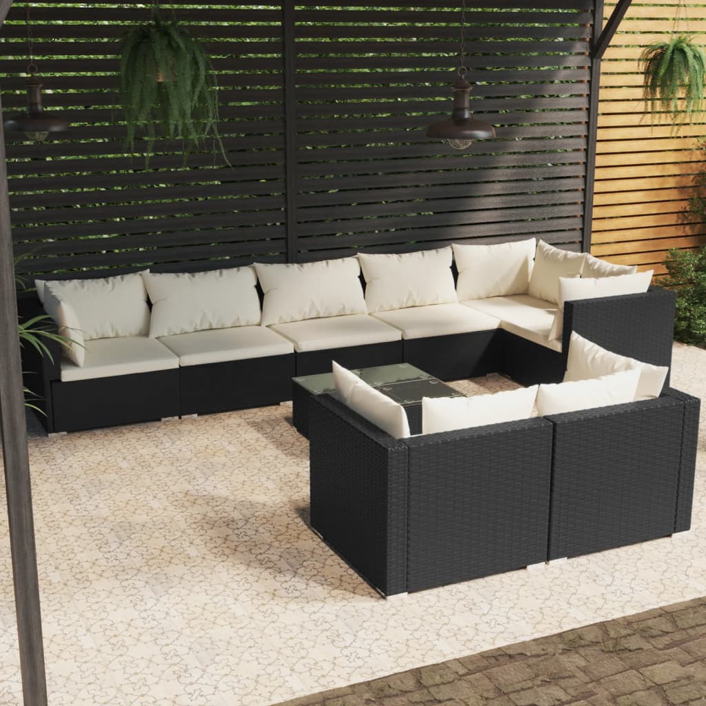 Vetonek Set de muebles de jardín 9 pzas y cojines ratán sintético negro