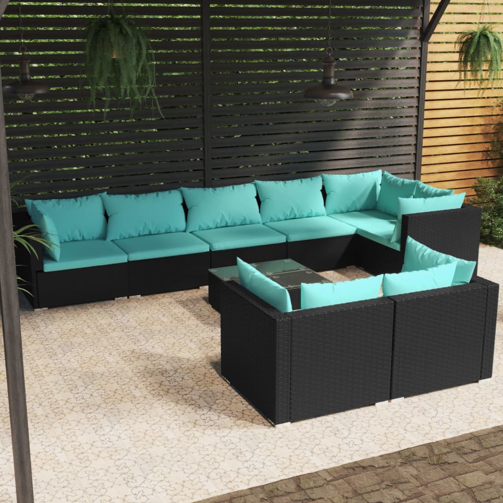 Vetonek Set de muebles de jardín 9 pzas y cojines ratán sintético negro