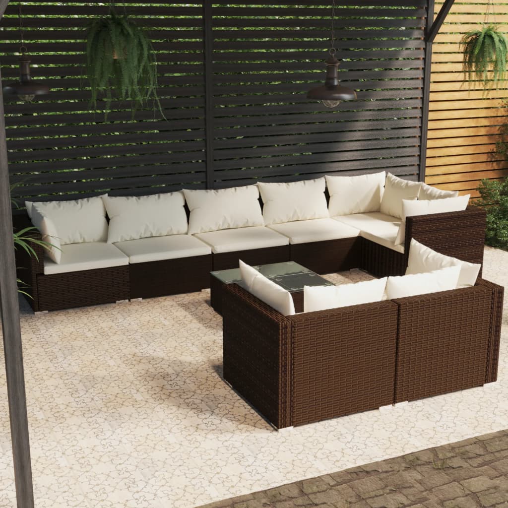 Vetonek Set muebles de jardín 9 piezas y cojines ratán sintético marrón