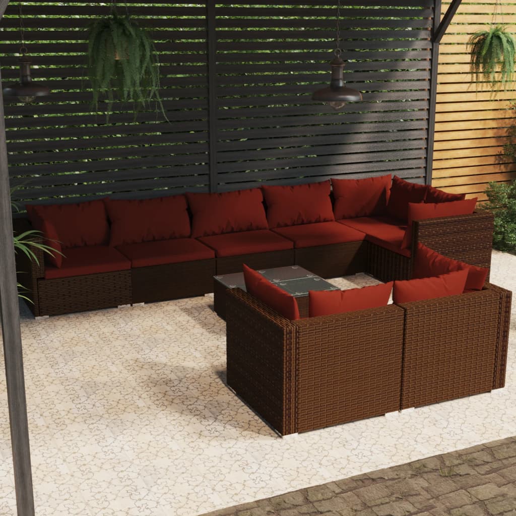 Vetonek Set muebles de jardín 9 piezas y cojines ratán sintético marrón