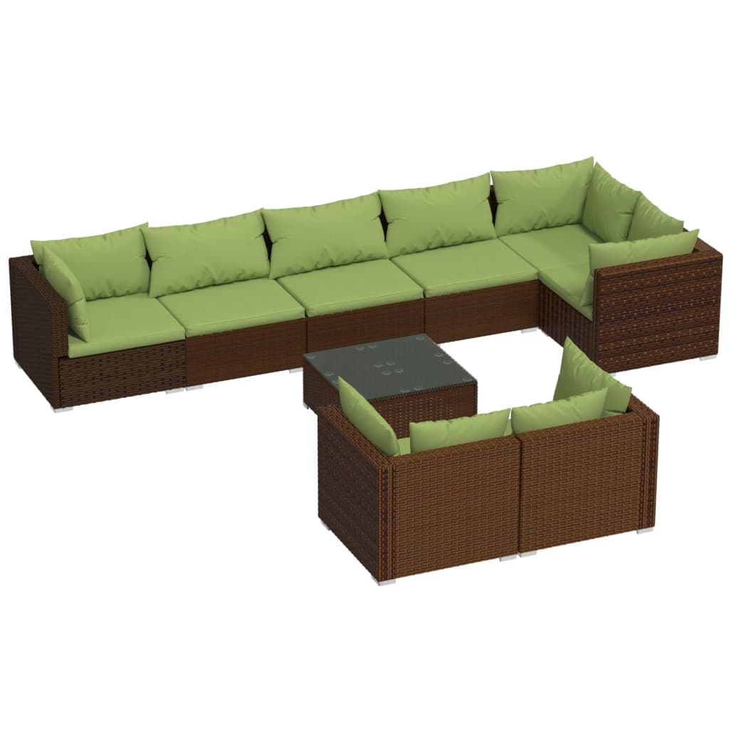 Set muebles de jardín 9 piezas y cojines ratán sintético marrón