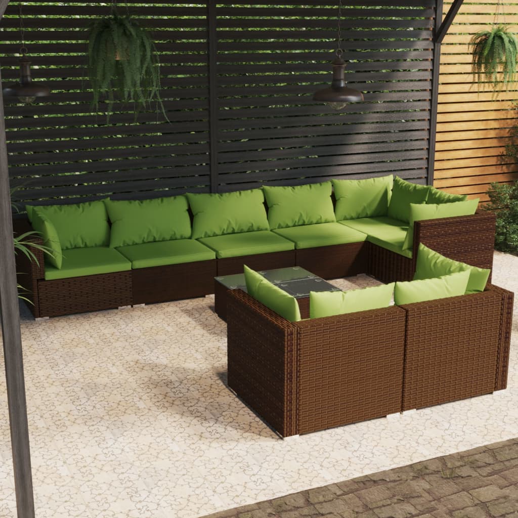 Vetonek Set muebles de jardín 9 piezas y cojines ratán sintético marrón