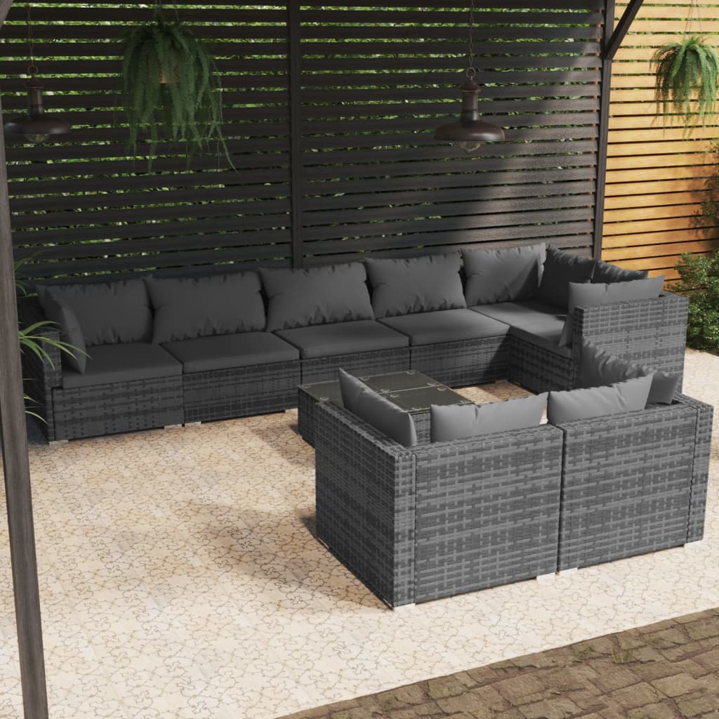 Vetonek Set de muebles de jardín 9 pzas y cojines ratán sintético gris