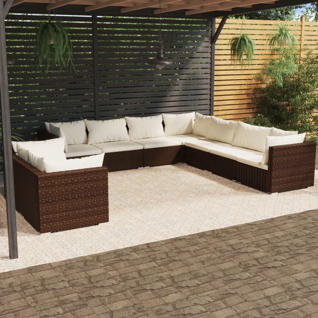 Set muebles de jardín 9 piezas y cojines ratán sintético marrón