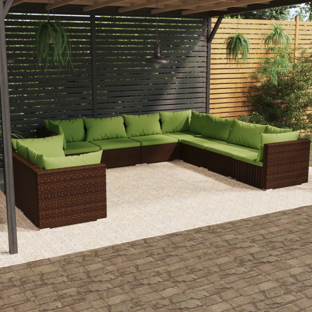 Vetonek Set muebles de jardín 9 piezas y cojines ratán sintético marrón