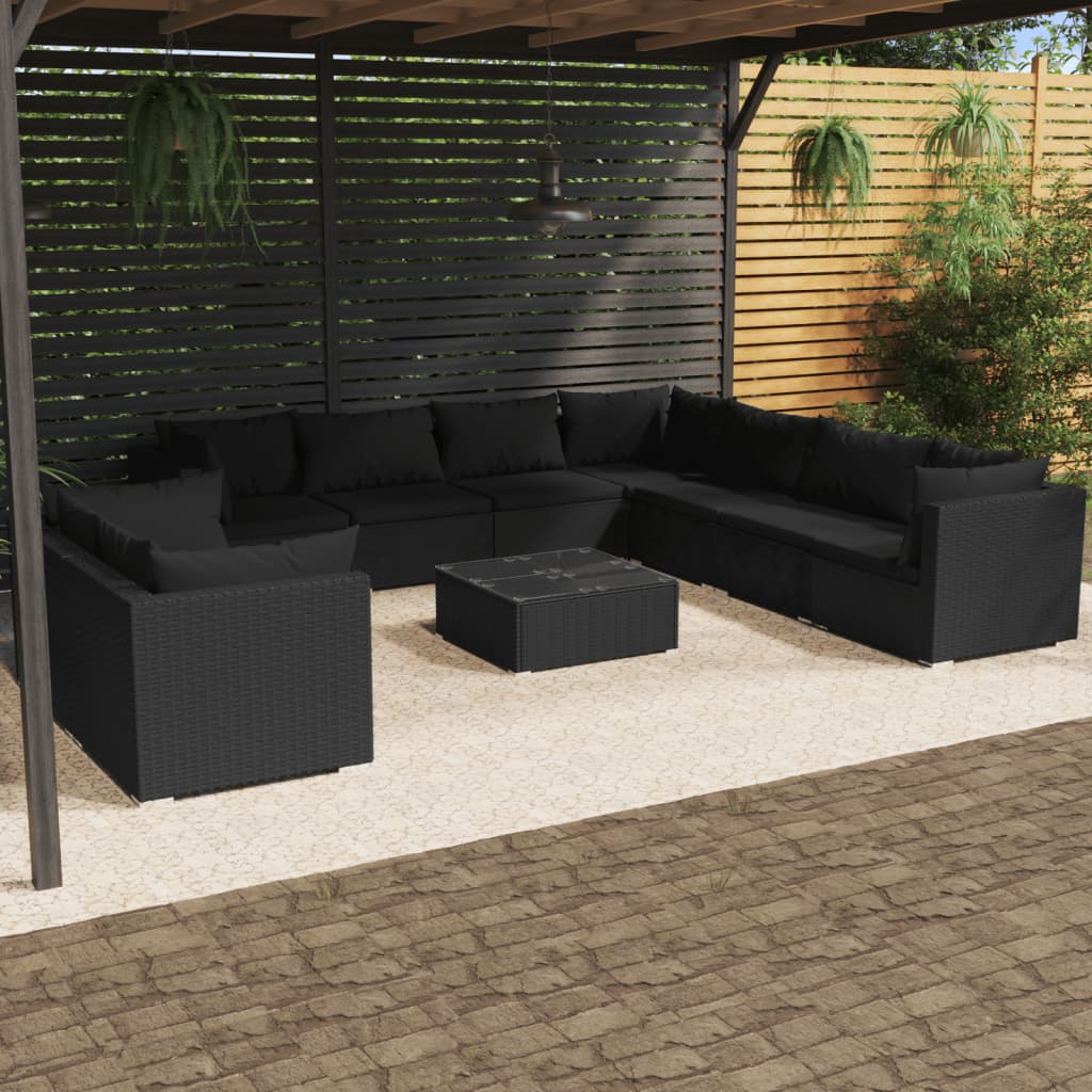 Vetonek Set de muebles de jardín 10 pzas cojines ratán sintético negro