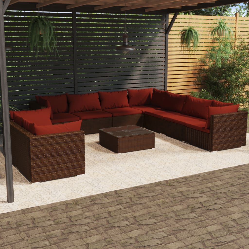 Vetonek Set muebles de jardín 10 pzas y cojines ratán sintético marrón