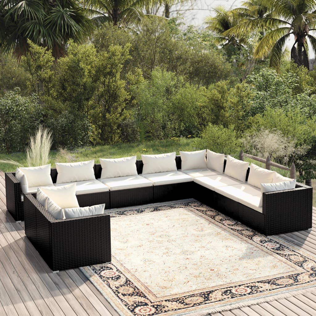 Vetonek Set de muebles de jardín 10 pzas cojines ratán sintético negro