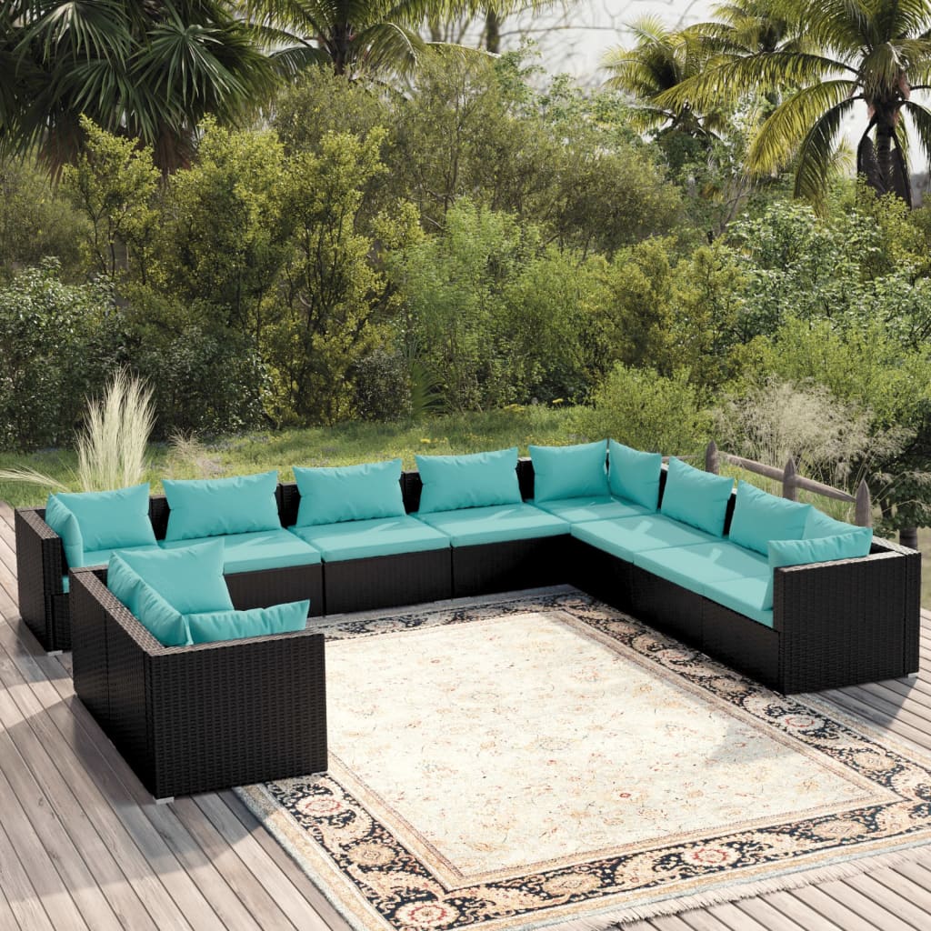 Vetonek Set de muebles de jardín 10 pzas cojines ratán sintético negro