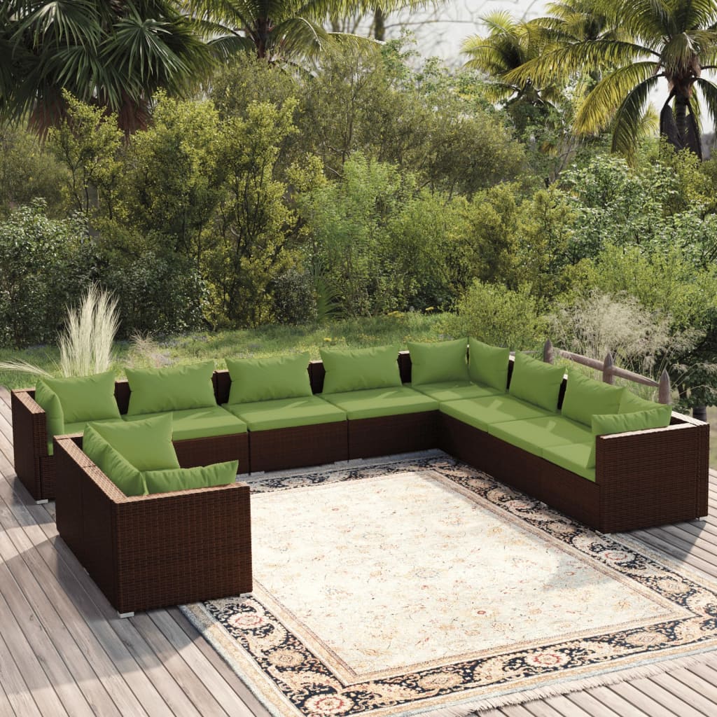 Vetonek Set muebles de jardín 10 pzas y cojines ratán sintético marrón