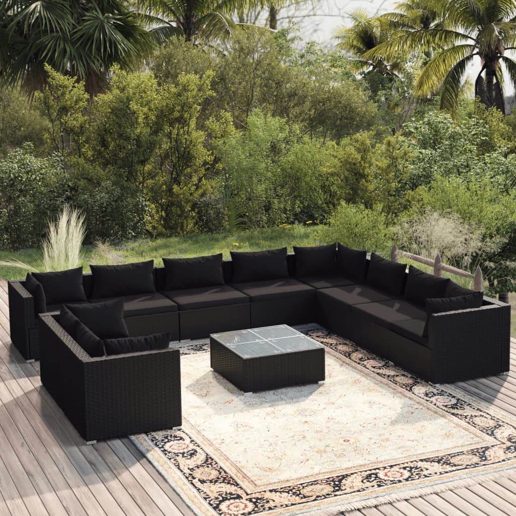 Vetonek Set muebles de jardín 11 pzas y cojines ratán sintético negro