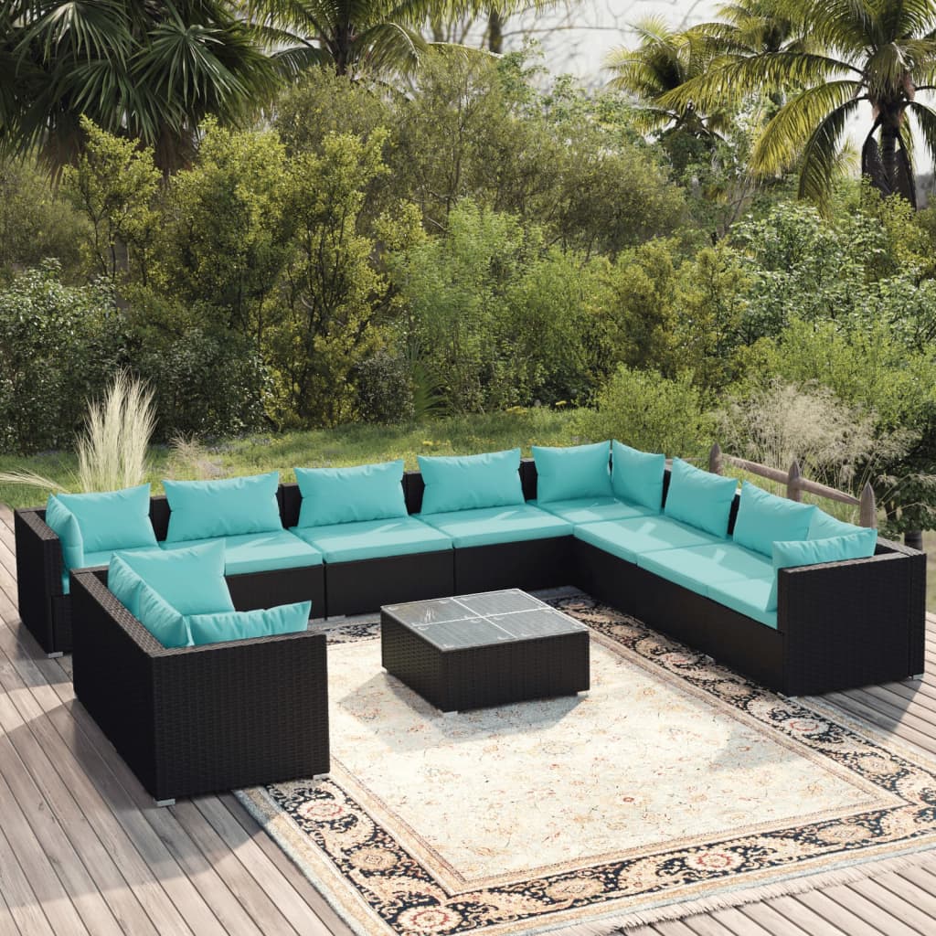 Vetonek Set muebles de jardín 11 pzas y cojines ratán sintético negro