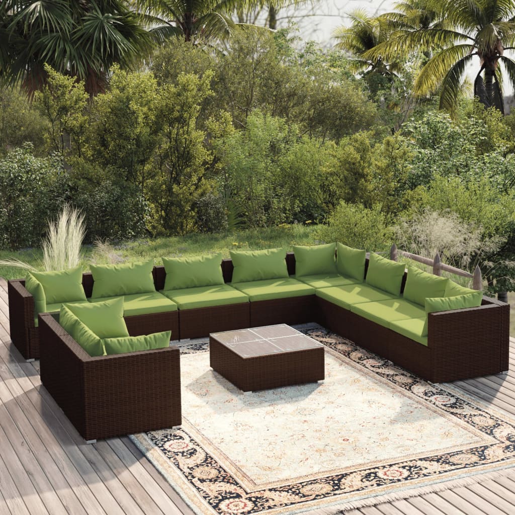 Vetonek Set de muebles de jardín 11 pzas cojines ratán sintético marrón