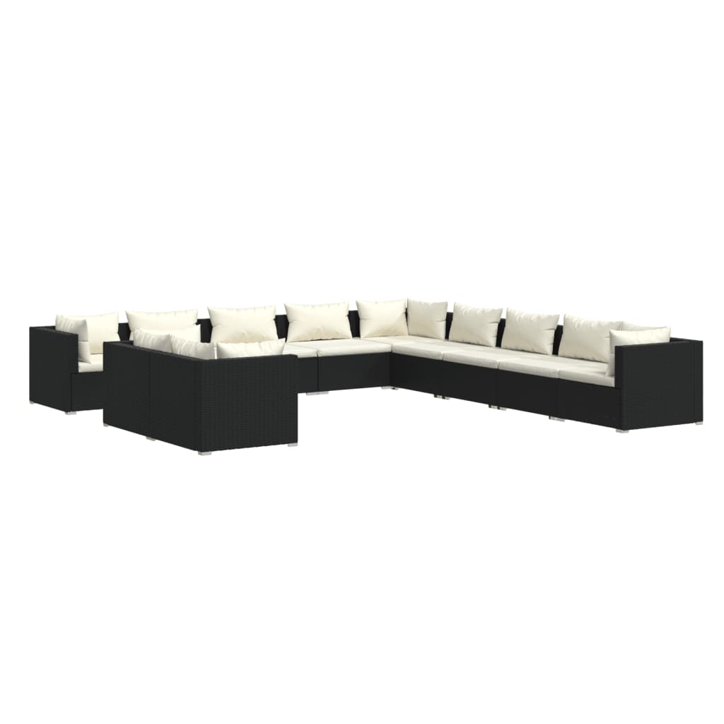 Set muebles de jardín 11 pzas y cojines ratán sintético negro