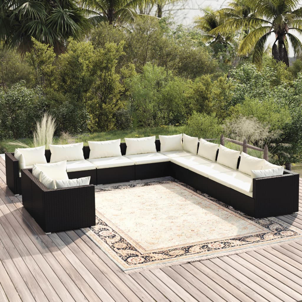 Set muebles de jardín 11 pzas y cojines ratán sintético negro