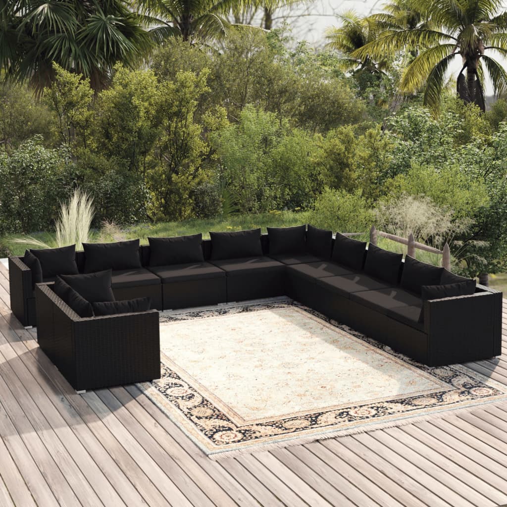 Vetonek Set muebles de jardín 11 pzas y cojines ratán sintético negro