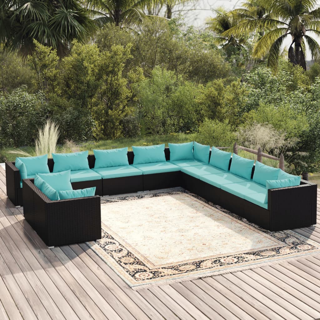 Vetonek Set muebles de jardín 11 pzas y cojines ratán sintético negro