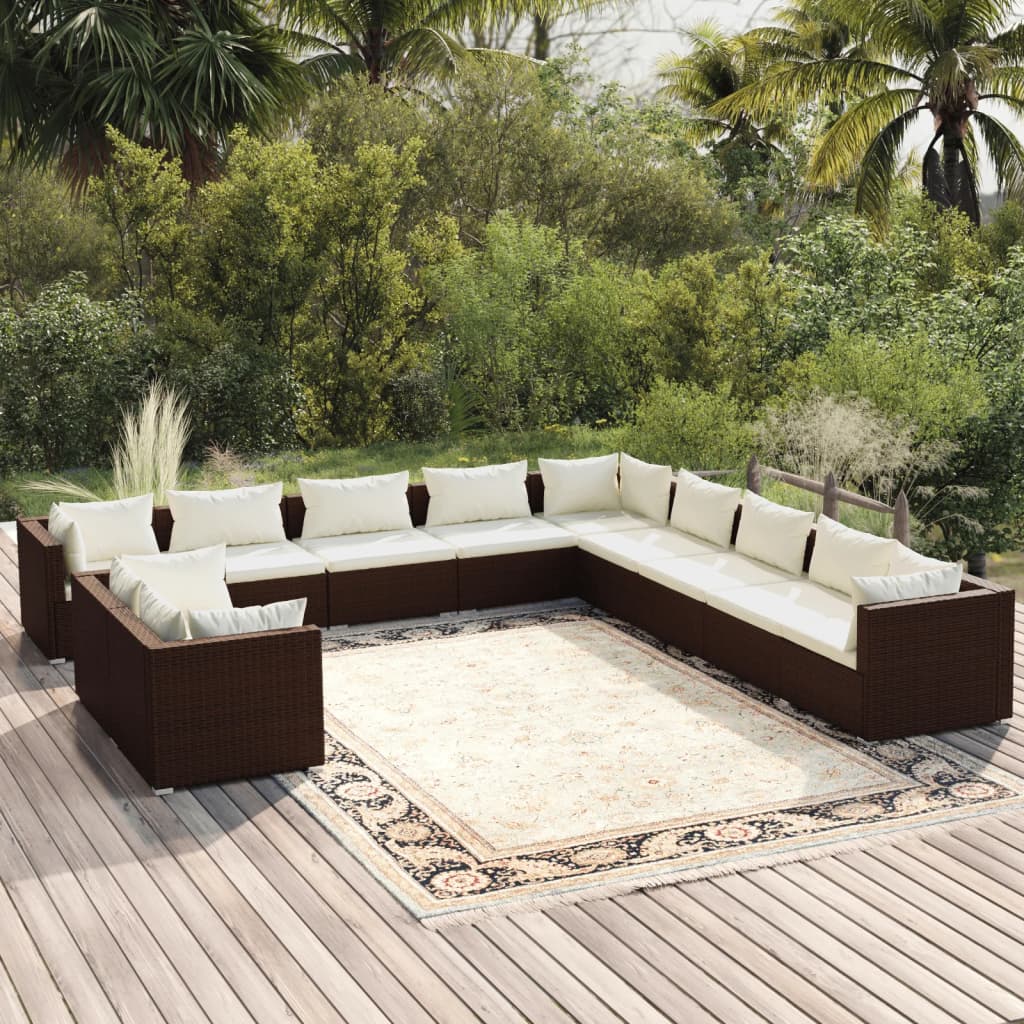 Vetonek Set de muebles de jardín 11 pzas cojines ratán sintético marrón