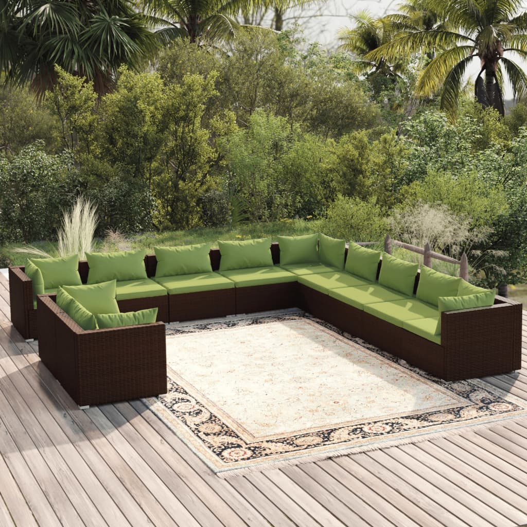 Vetonek Set de muebles de jardín 11 pzas cojines ratán sintético marrón