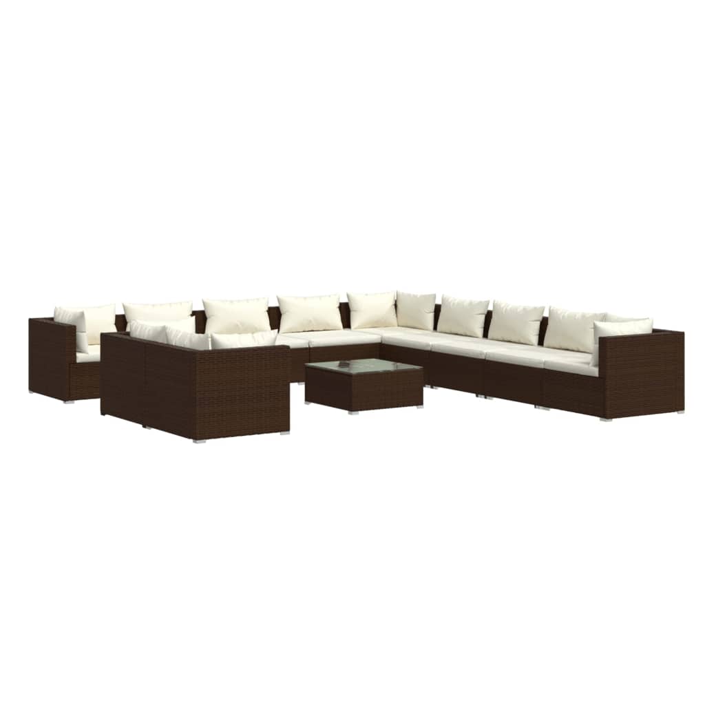 Set muebles de jardín y cojines 12 pzas ratán sintético marrón