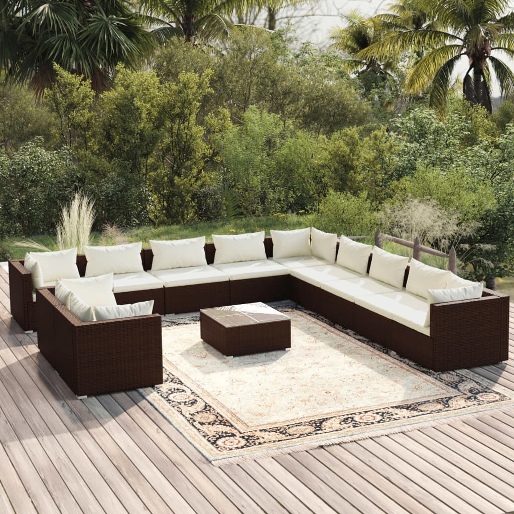 Set muebles de jardín y cojines 12 pzas ratán sintético marrón