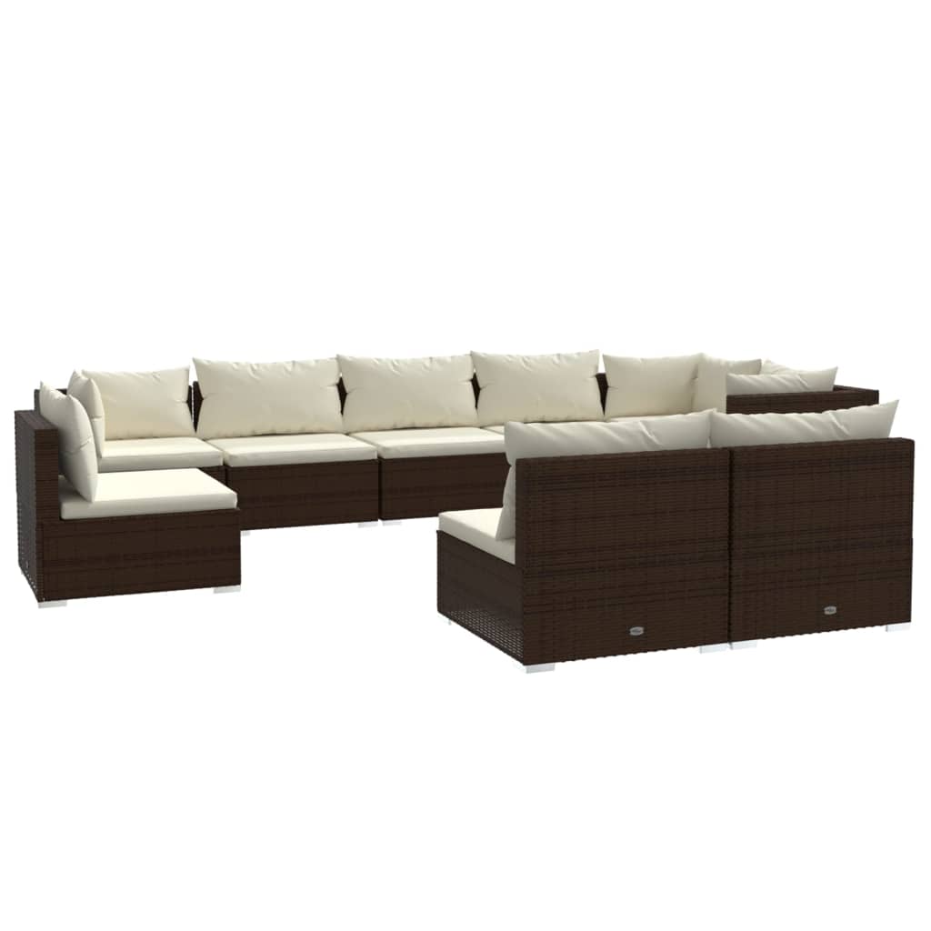 Set muebles de jardín 9 piezas y cojines ratán sintético marrón