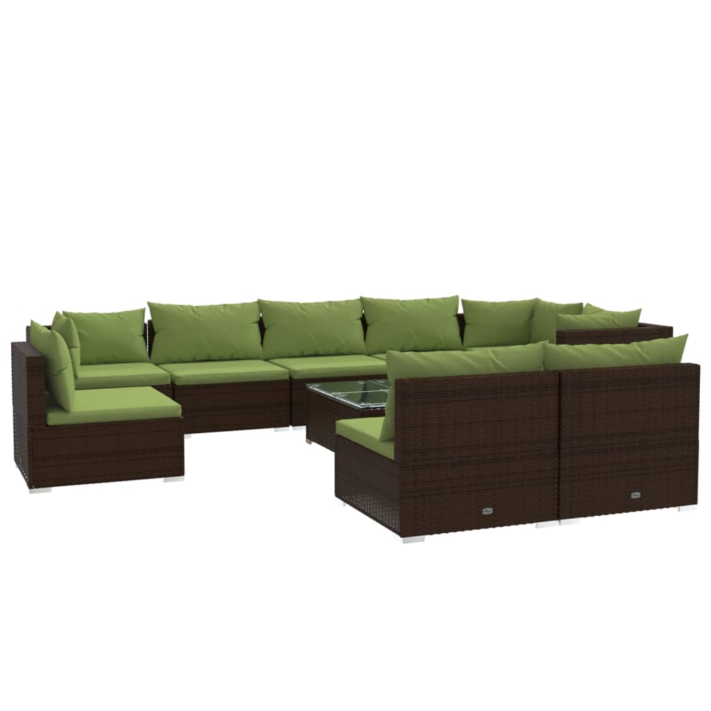 Set muebles de jardín 10 pzas y cojines ratán sintético marrón