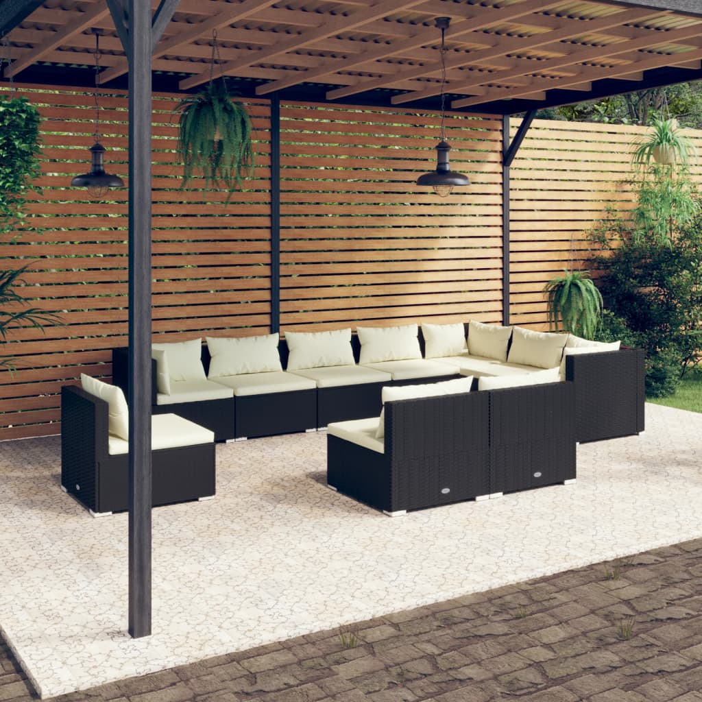 Vetonek Set muebles de jardín 10 pzas y cojines ratán sintético negro