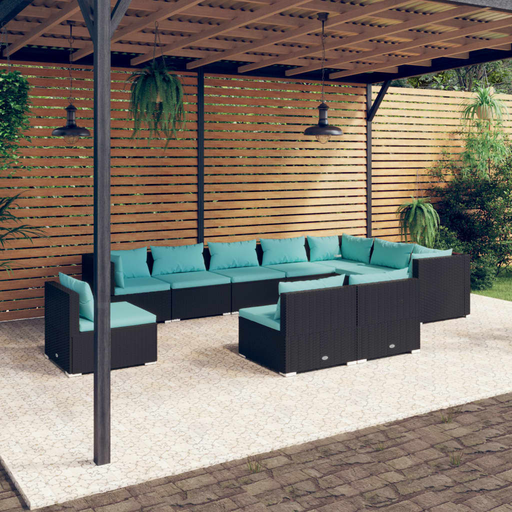 Vetonek Set de muebles de jardín 10 pzas cojines ratán sintético negro