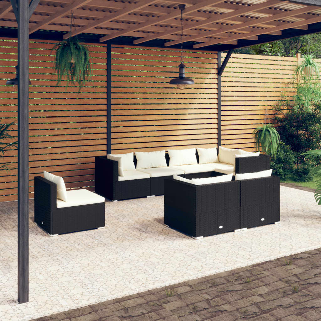 Vetonek Set de muebles de jardín 8 pzas y cojines ratán sintético negro