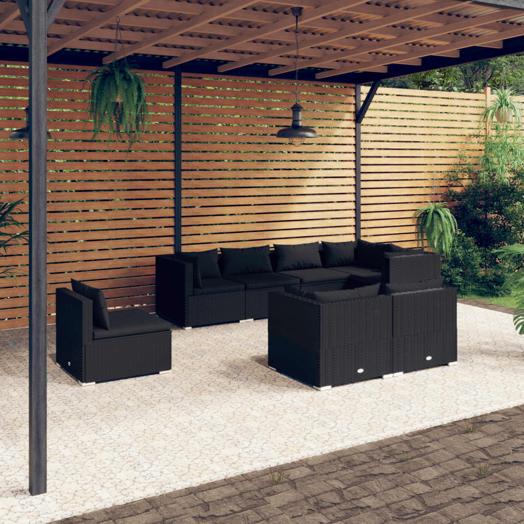 Vetonek Set de muebles de jardín 8 pzas y cojines ratán sintético negro