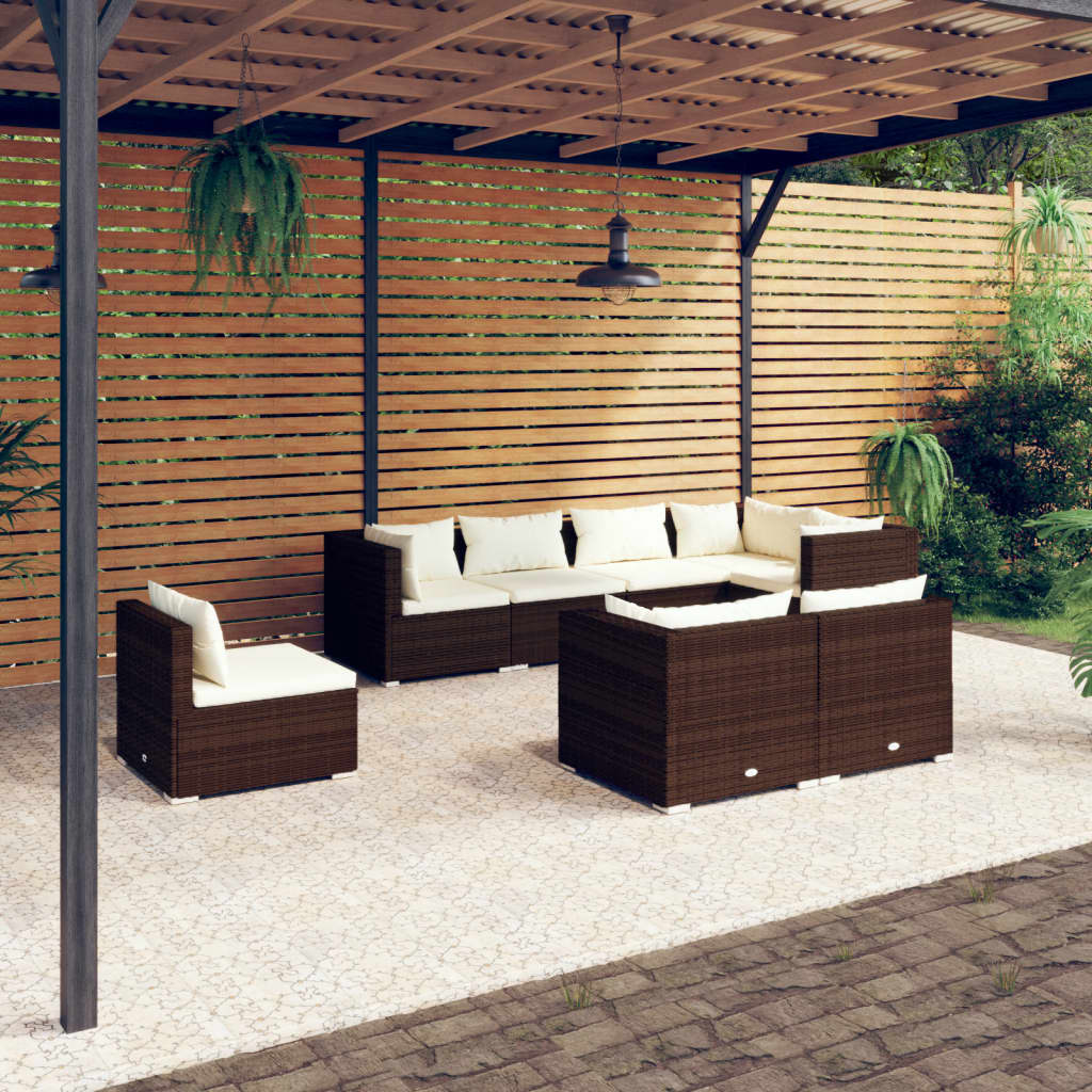 Vetonek Set muebles de jardín 8 piezas y cojines ratán sintético marrón