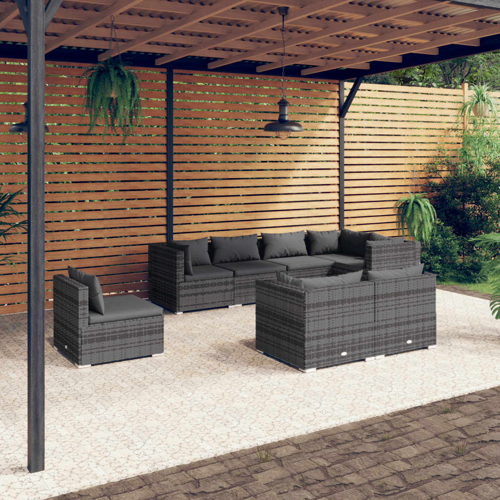 Vetonek Set de muebles de jardín 8 pzas y cojines ratán sintético gris