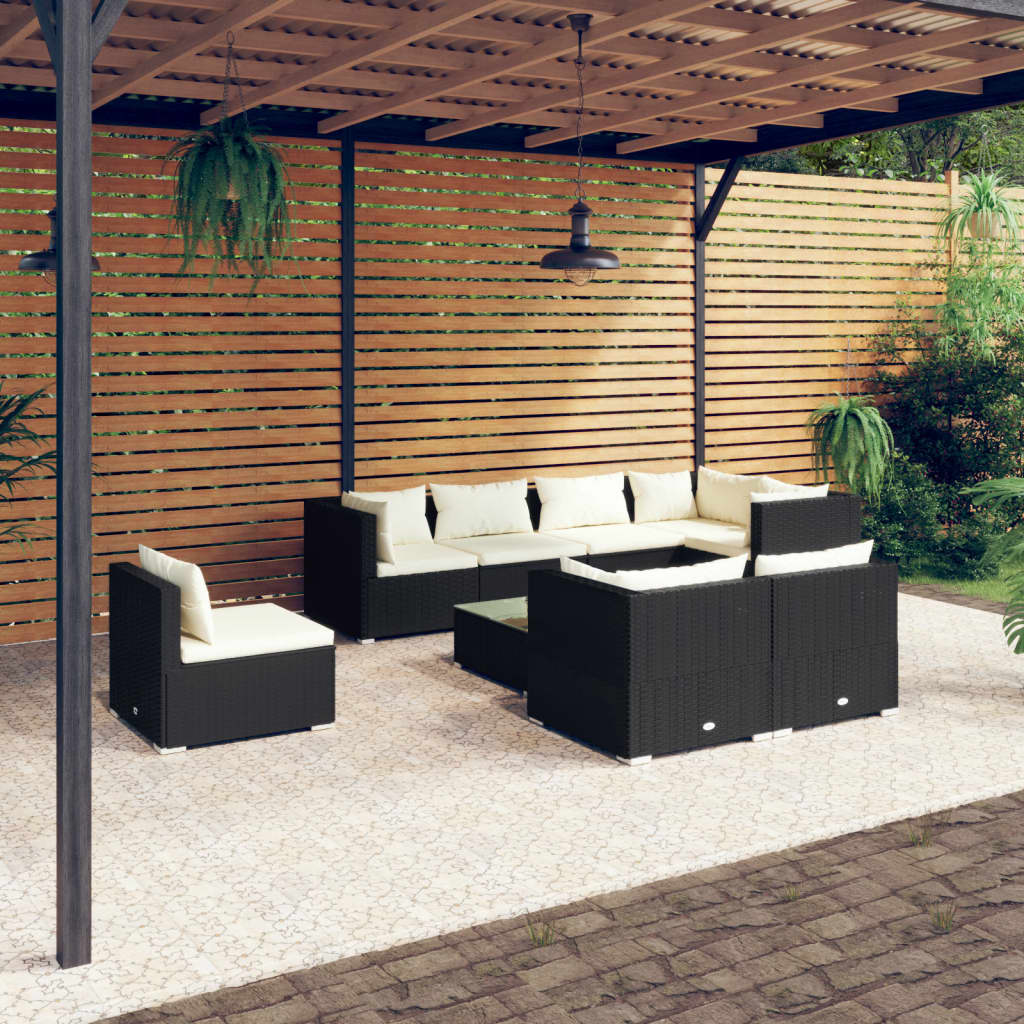 Vetonek Set de muebles de jardín 9 pzas y cojines ratán sintético negro