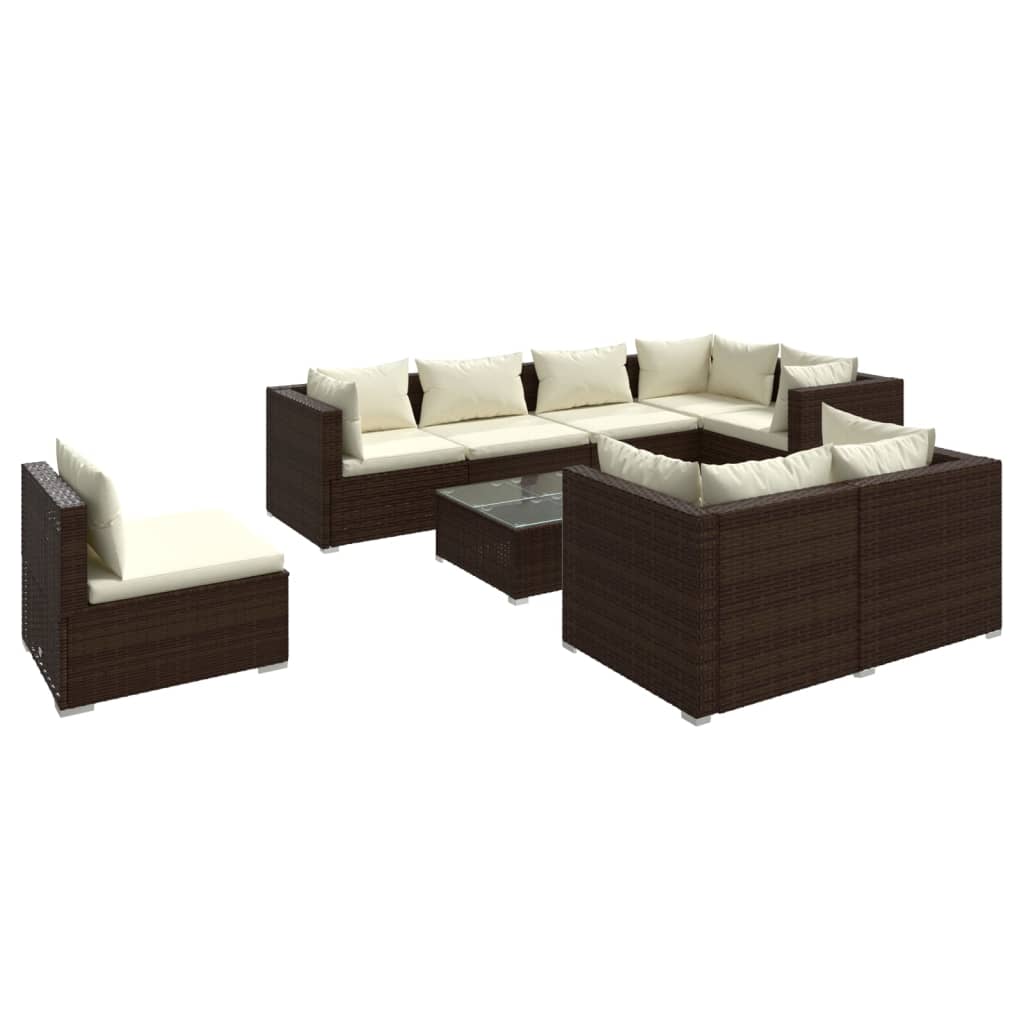 Set muebles de jardín 9 piezas y cojines ratán sintético marrón