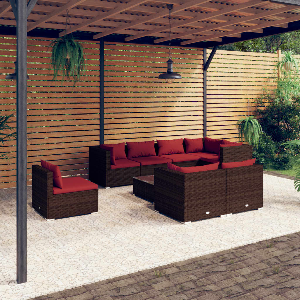 Vetonek Set muebles de jardín 9 piezas y cojines ratán sintético marrón