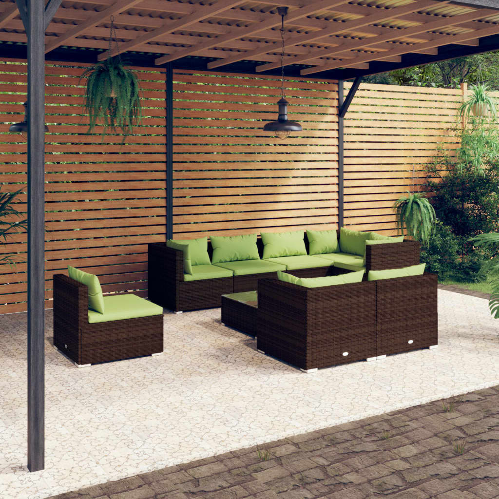 Vetonek Set muebles de jardín 9 piezas y cojines ratán sintético marrón