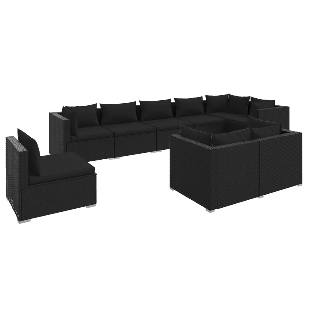 Set de muebles de jardín 9 pzas y cojines ratán sintético negro v3286 - Vetonek