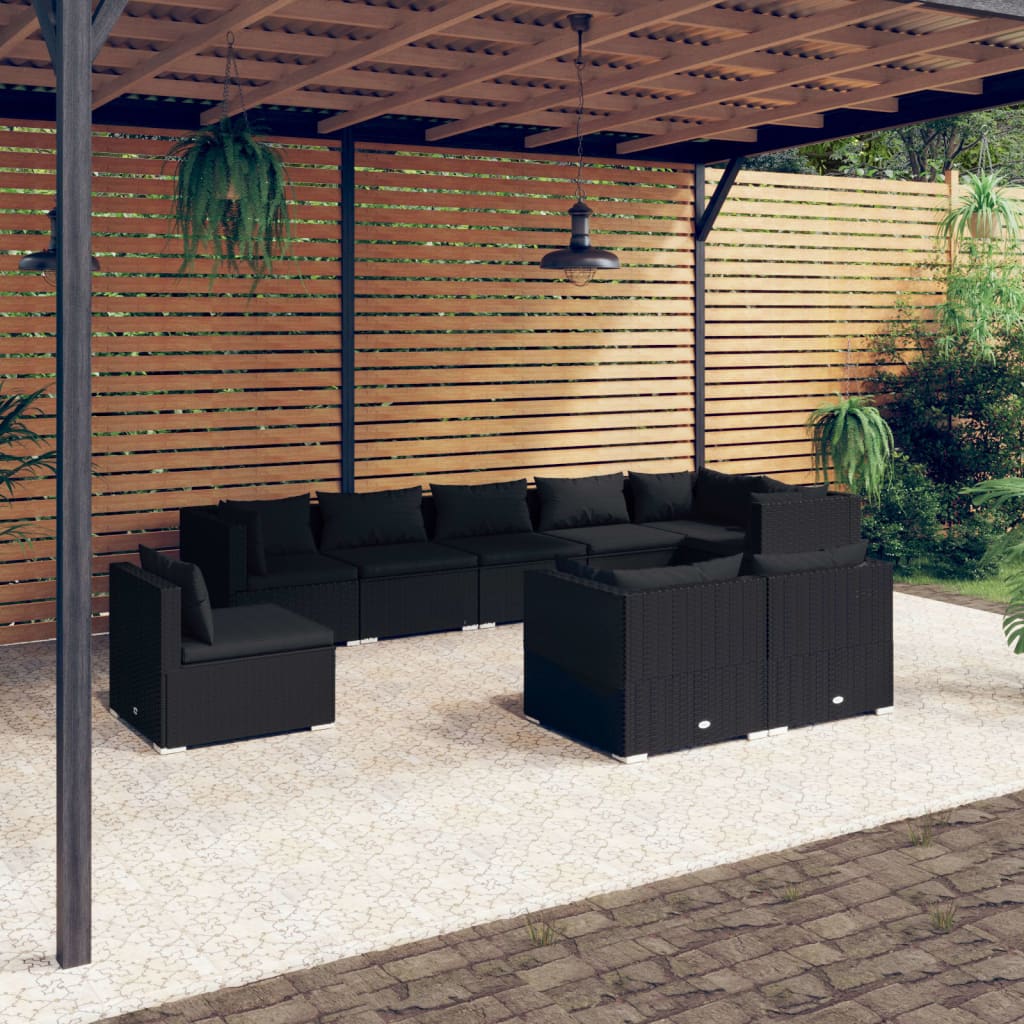 Vetonek Set de muebles de jardín 9 pzas y cojines ratán sintético negro