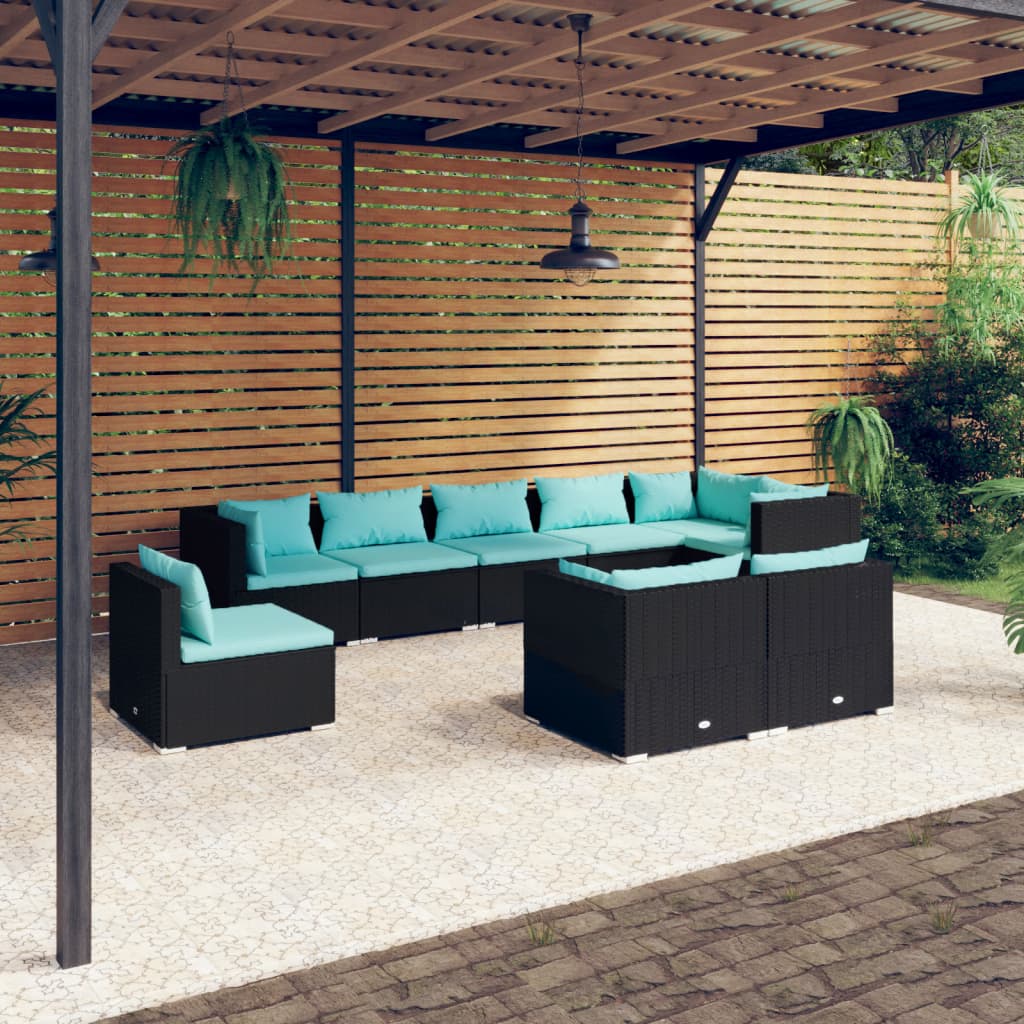 Vetonek Set de muebles de jardín 9 pzas y cojines ratán sintético negro