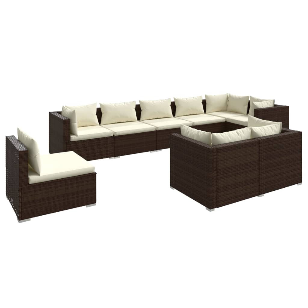 Set muebles de jardín 9 piezas y cojines ratán sintético marrón