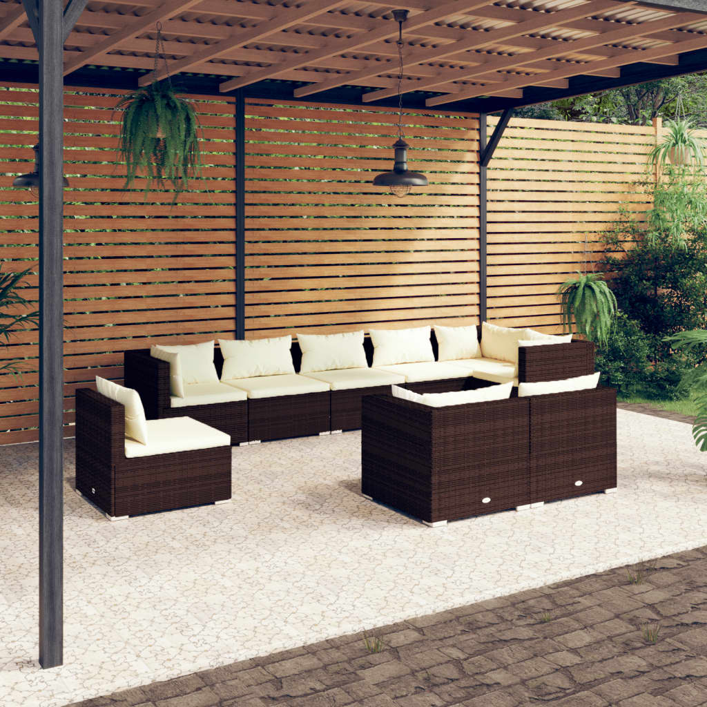 Vetonek Set muebles de jardín 9 piezas y cojines ratán sintético marrón