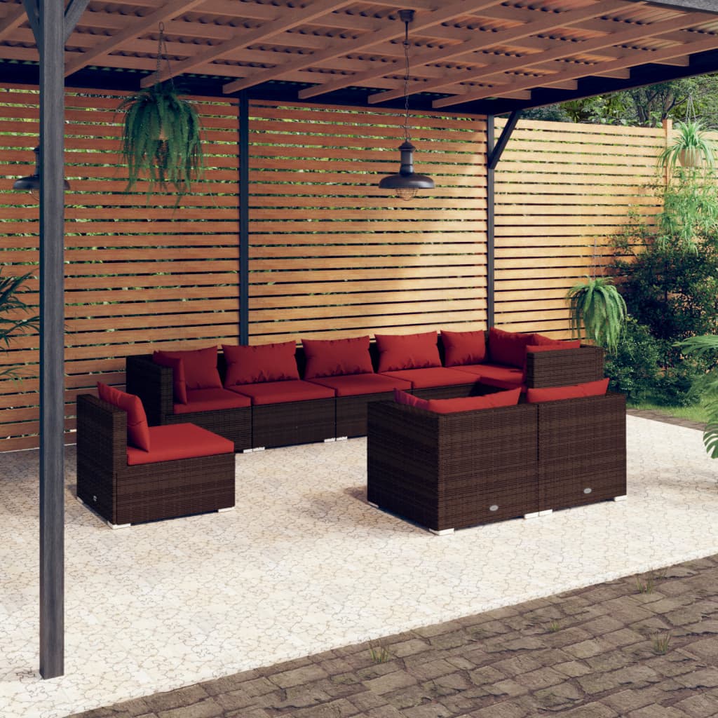 Vetonek Set muebles de jardín 9 piezas y cojines ratán sintético marrón