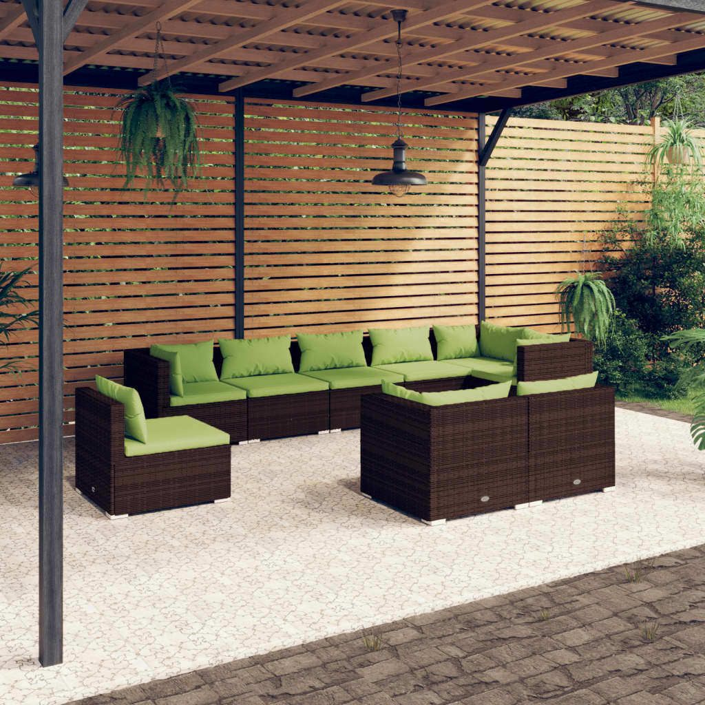 Vetonek Set muebles de jardín 9 piezas y cojines ratán sintético marrón