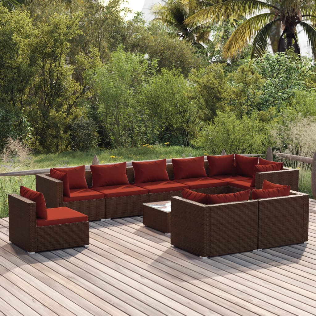 Vetonek Set muebles de jardín 10 pzas y cojines ratán sintético marrón